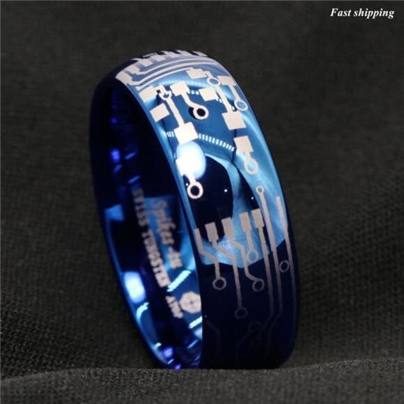 Men's Wedding Band - Dome Brushed Blue Laser Circuit Board Ring for Men & Women - Picture 4 of 6
